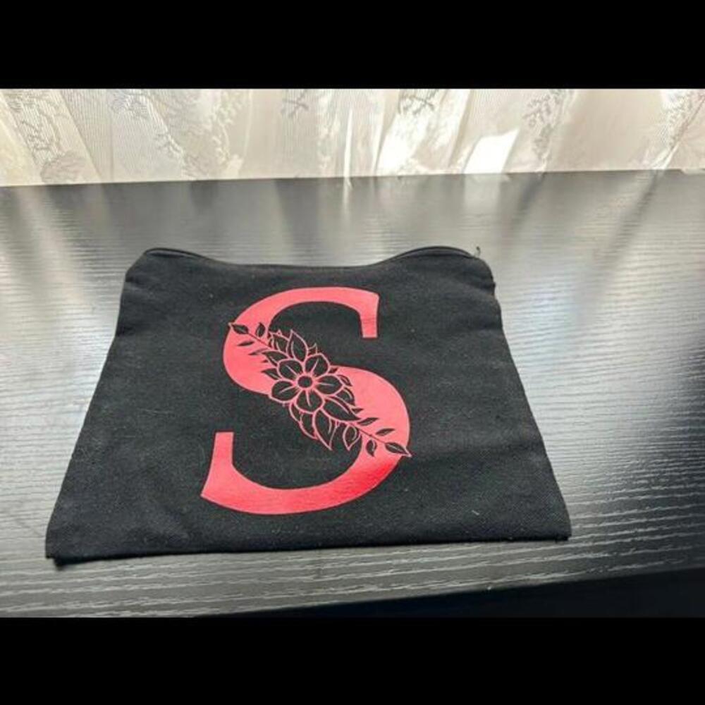 Personalized Black Canvas Cosmetic Bag - Red Initial "S" with Floral Design - Picture 1 of 2